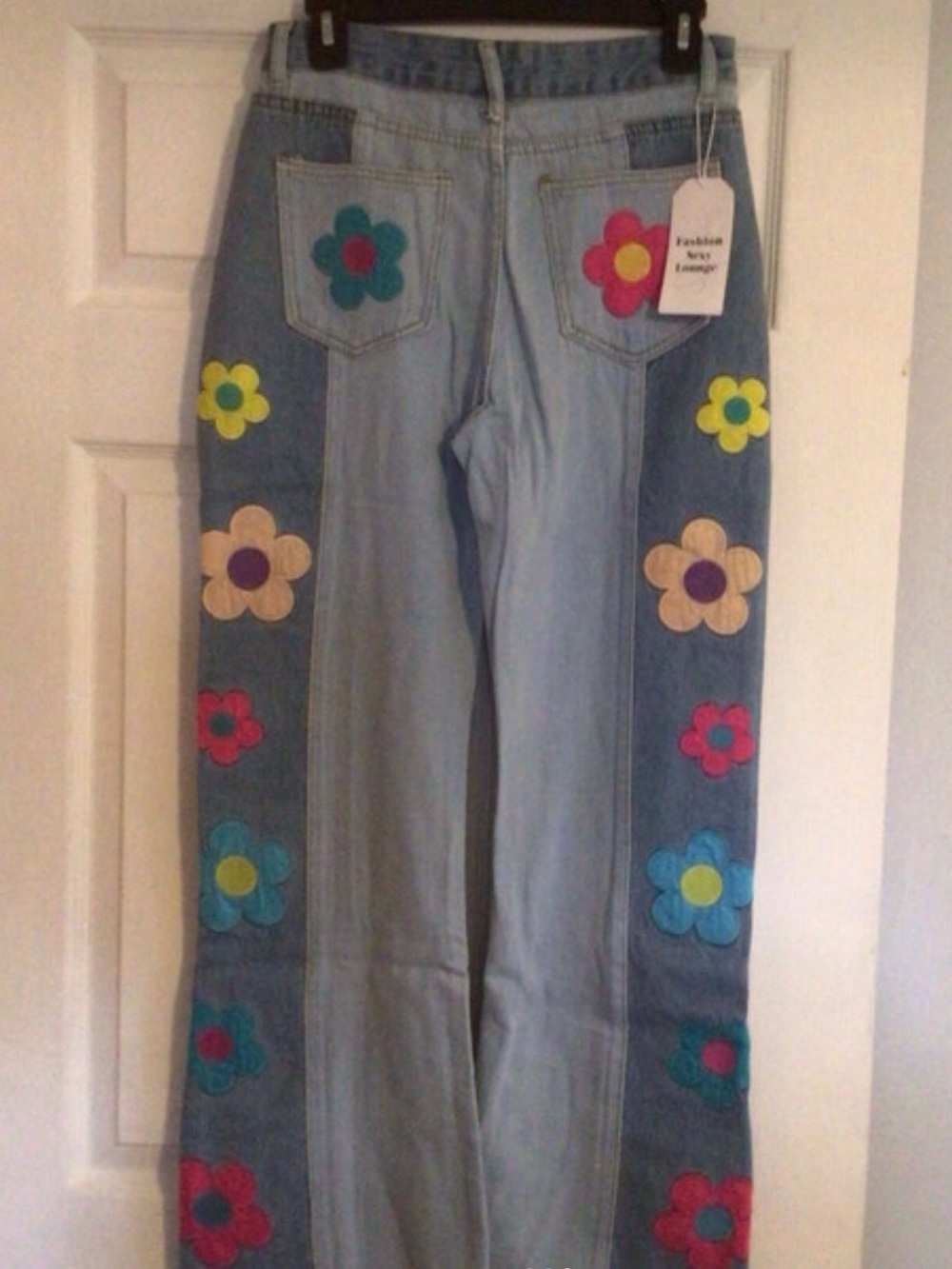 Fashion Lounge Blue Flower Hippie Embroidery Patchwork Flare High Waisted Jeans - Picture 7 of 16